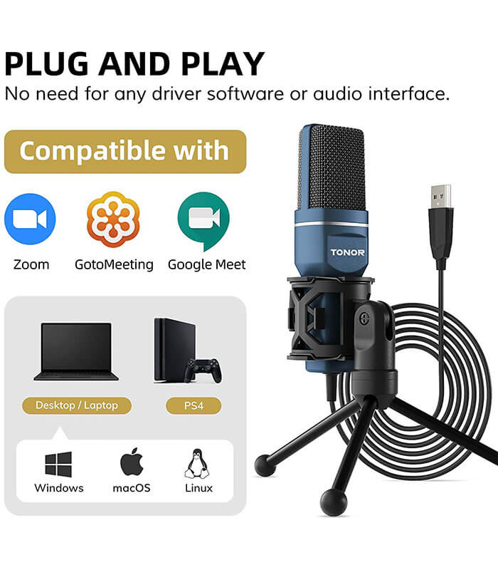 AUTUUCKEE Kit microphone à condensateur USB avec trépied et câble audio pour enregistrement PC portable Noir 