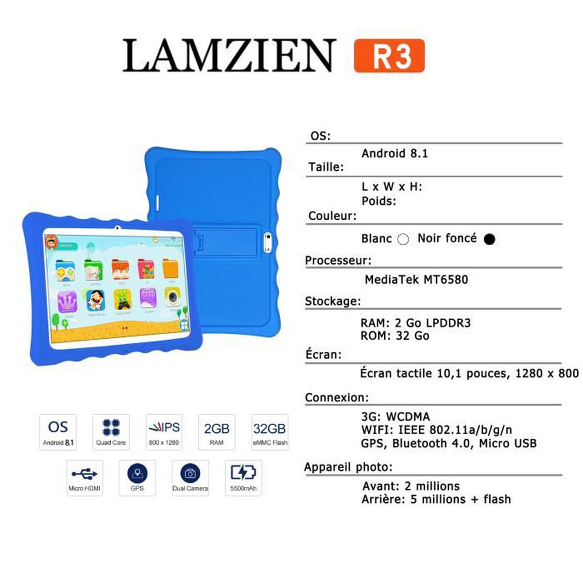 Tablette enfant Android 8.1 Tablette tactile,10 Pouces IPS HD 3G Dual-Sim  Caméra5
