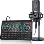 Ensemble dequipement de podcast avec microphone XLR vers 35 mm carte son en direct avec table de mixage DJ et changeur de voix 1